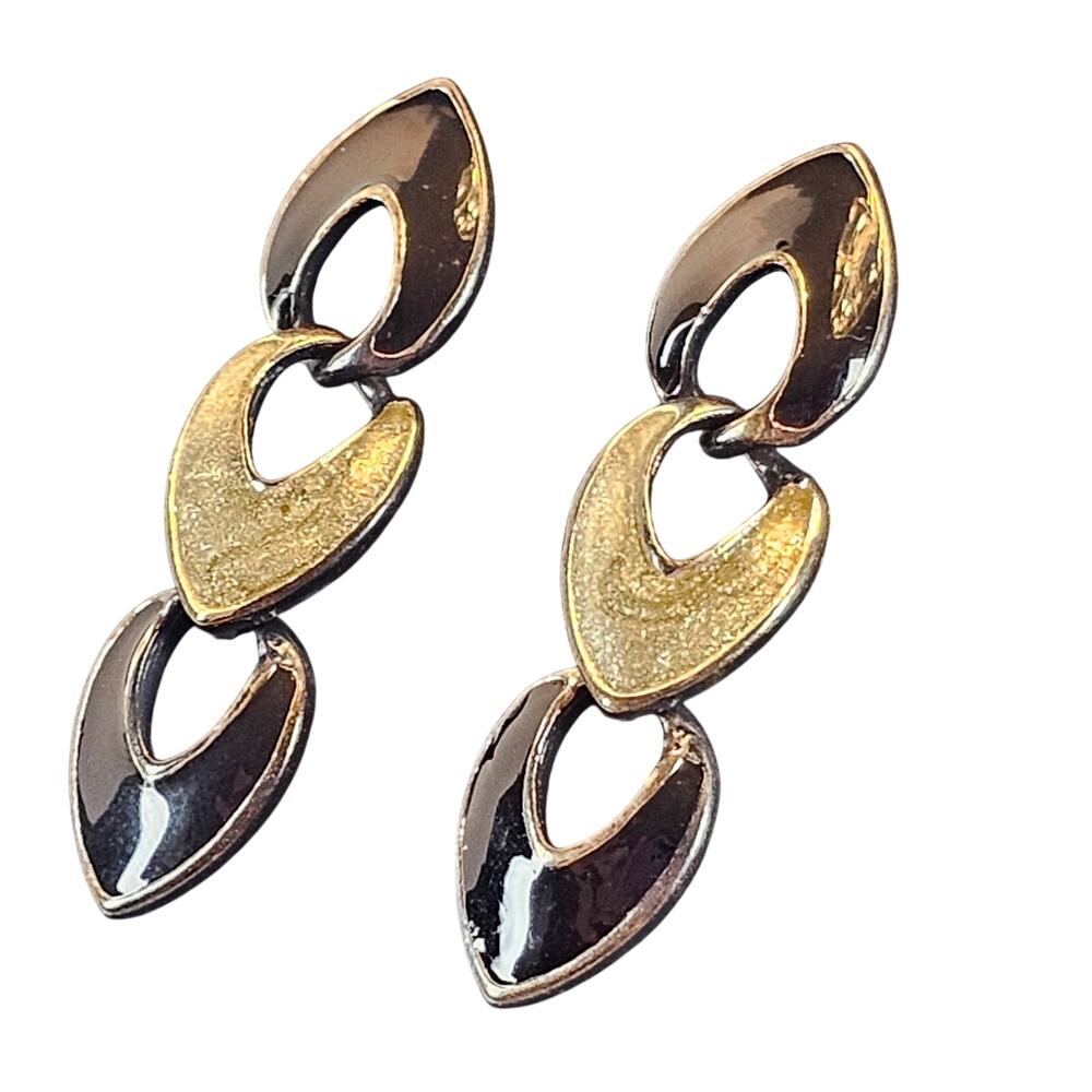Vintage Black Gold Tone Dangle Earrings Geometric Enamel Statement 1.5"